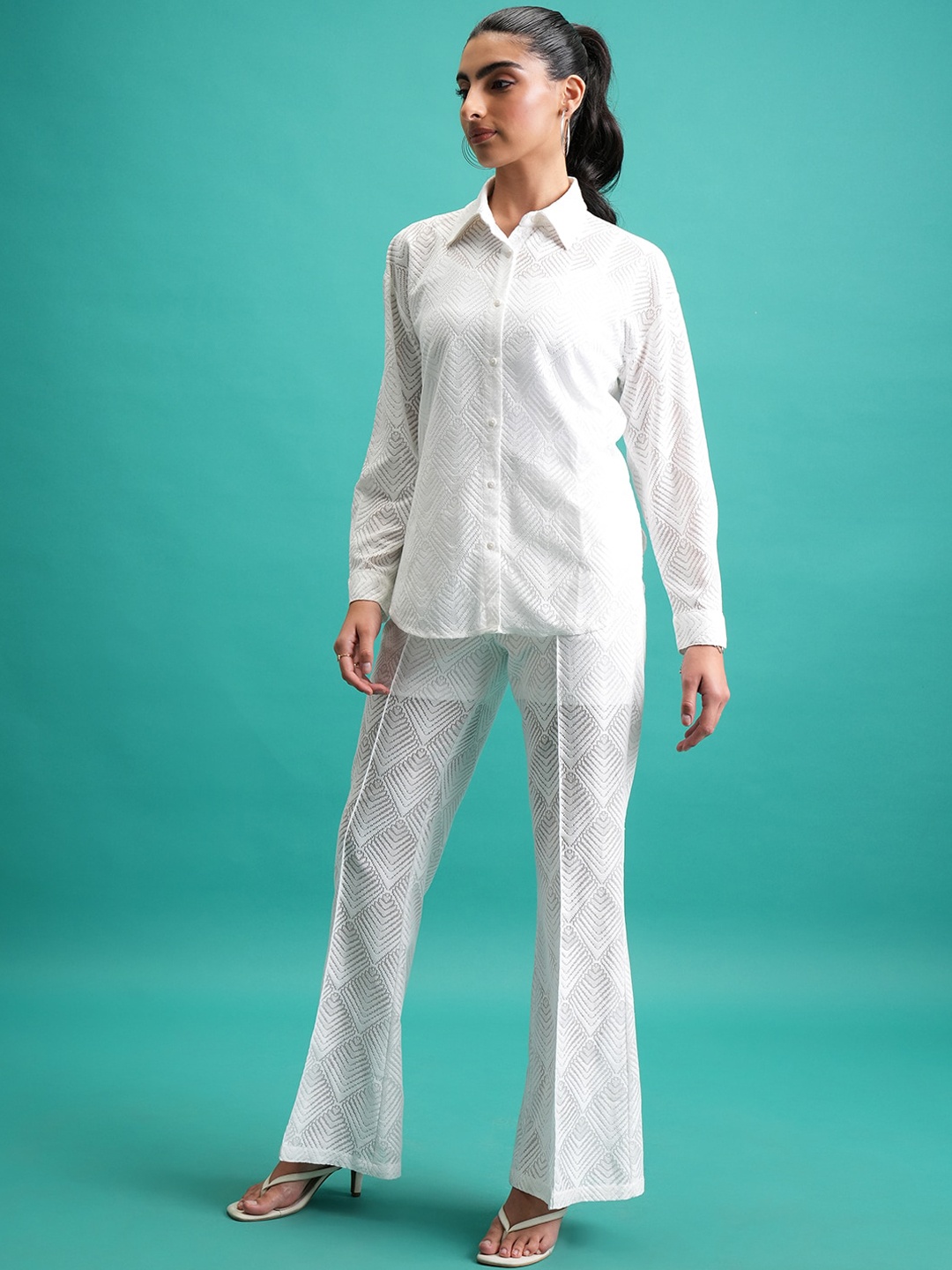 

Tokyo Talkies White Self-Design Shirt With Trousers Co-Ords