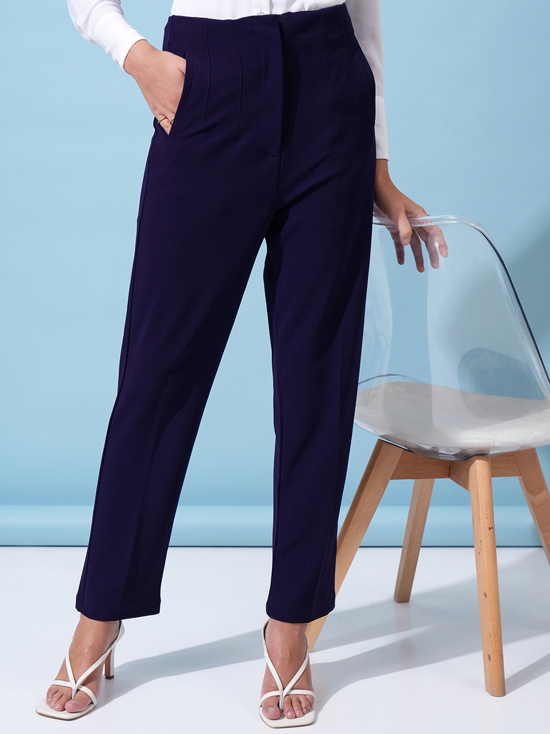 

Tokyo Talkies Women Navy Blue Straight Fit Mid-Rise Trousers