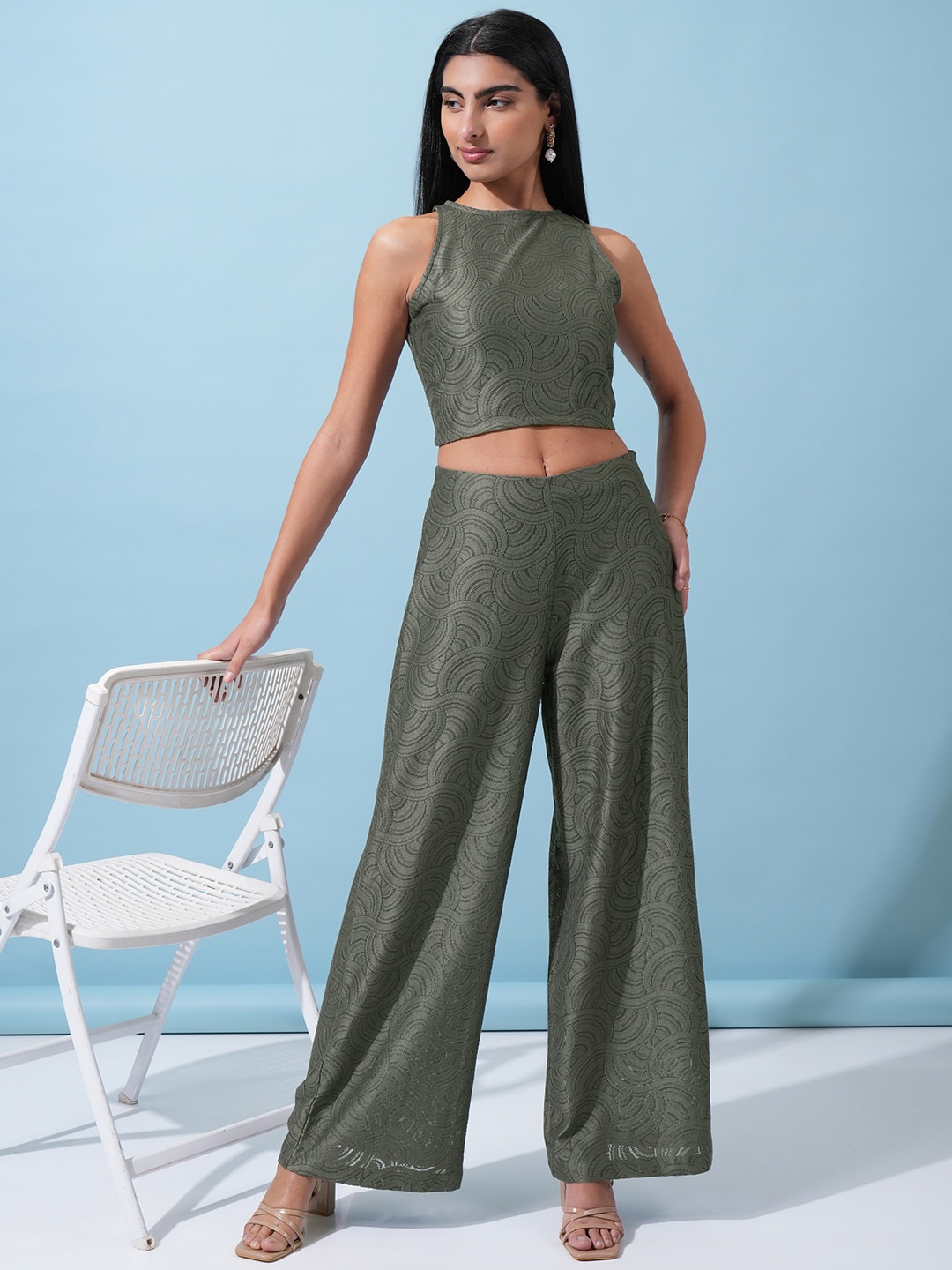 

Tokyo Talkies Olive Green Self-Design Sleeveless Crop Top With Trousers Co-Ords