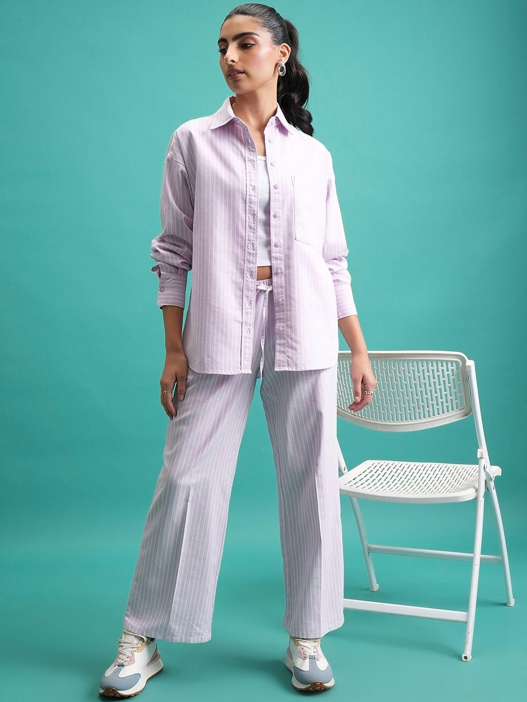 

Tokyo Talkies Purple Striped Cotton Shirt With Trouser Co-Ords