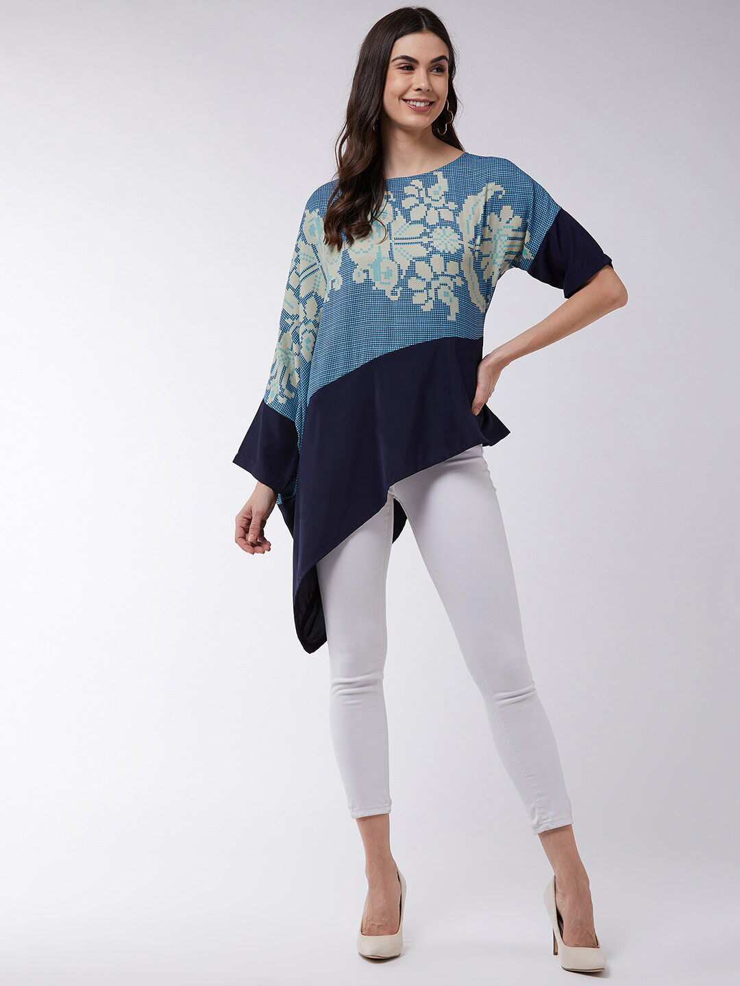 

Zima Leto Floral Printed Extended Sleeves Crepe Longline Asymmetric Top, Blue
