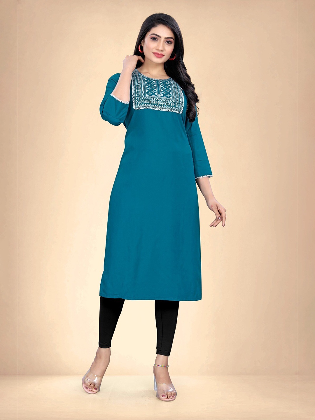 

Abhilasha Floral Yoke Design Round Neck Thread Work Straight Kurta, Sea green