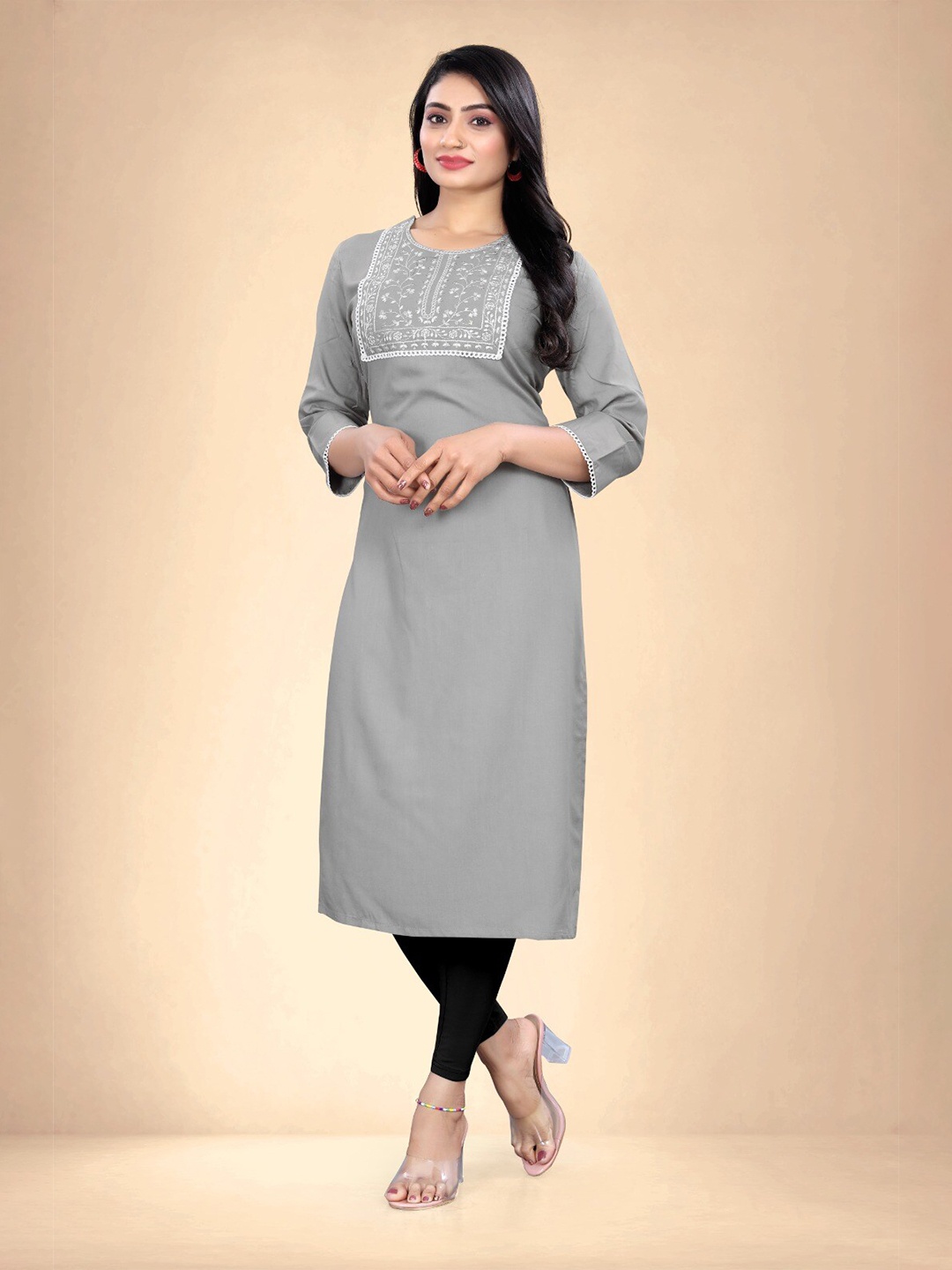 

Abhilasha Floral Yoke Design Round Neck Thread Work Straight Kurta, Grey
