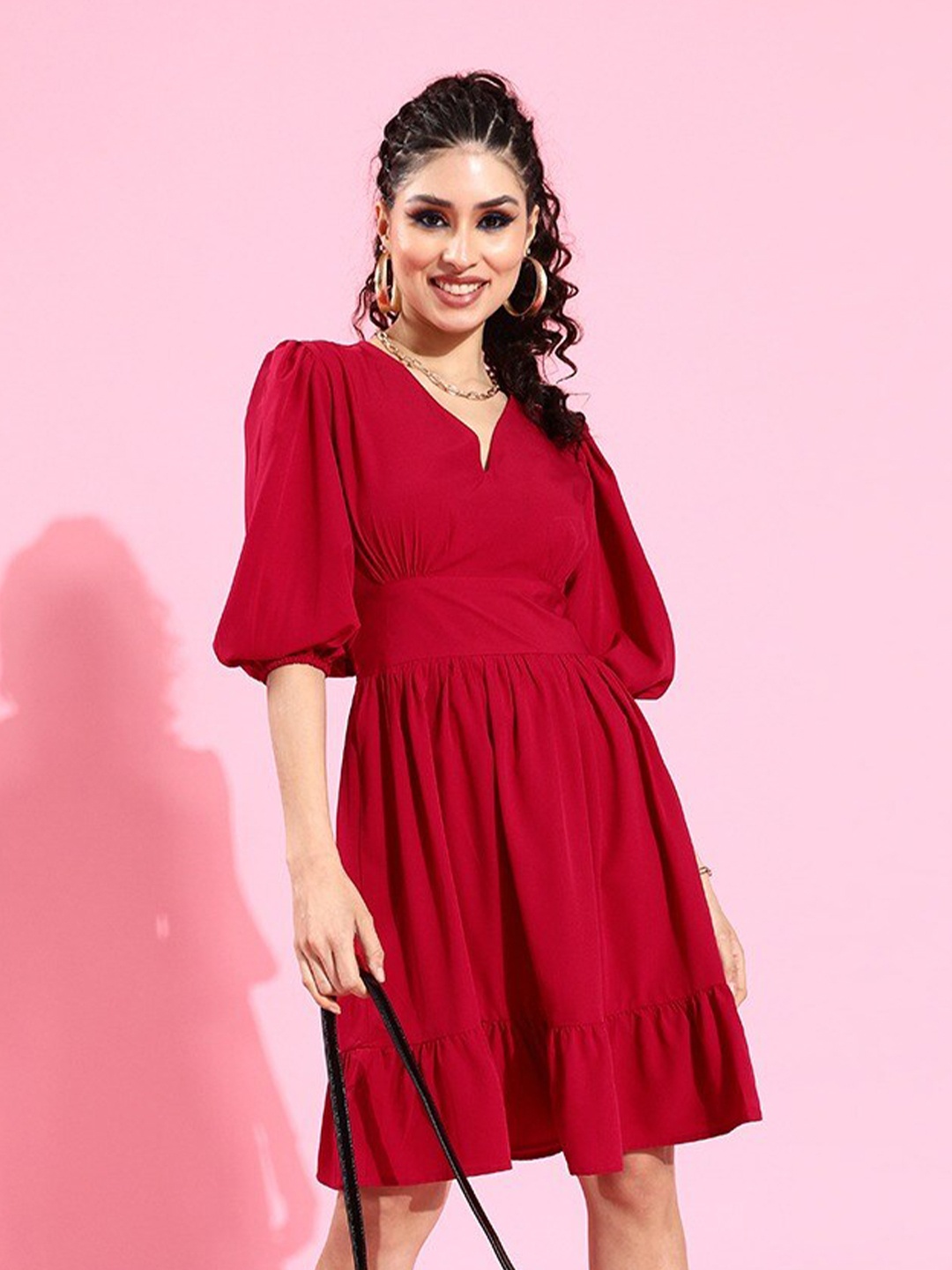 

Sera Maroon Puff Sleeve Fit & Flare Dress