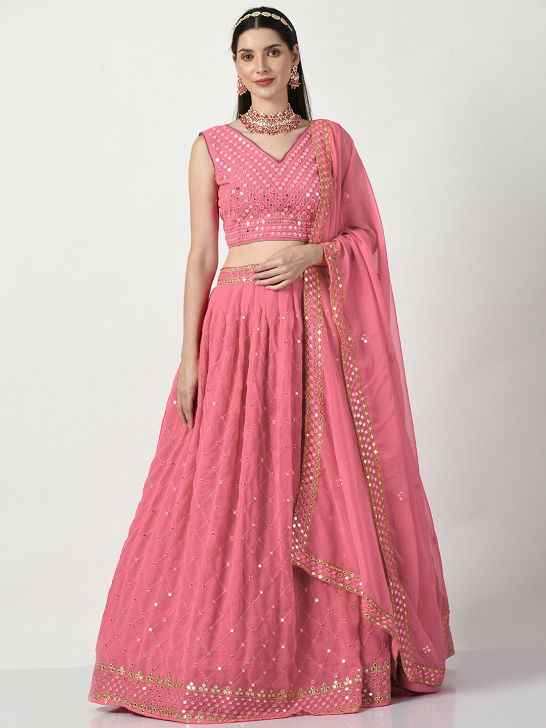

Angroop Embroidered Sequinned Semi-Stitched Lehenga & Unstitched Blouse With Dupatta, Pink