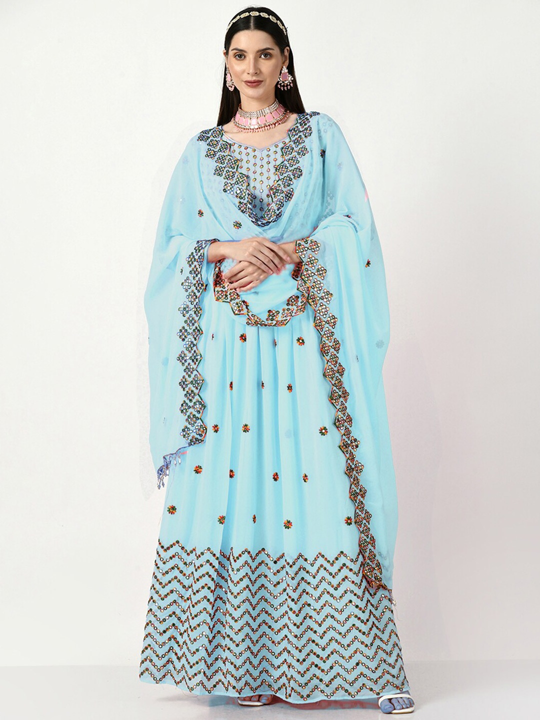 

Angroop Embellished Mirror Work Semi-Stitched Lehenga & Unstitched Blouse With Dupatta, Blue