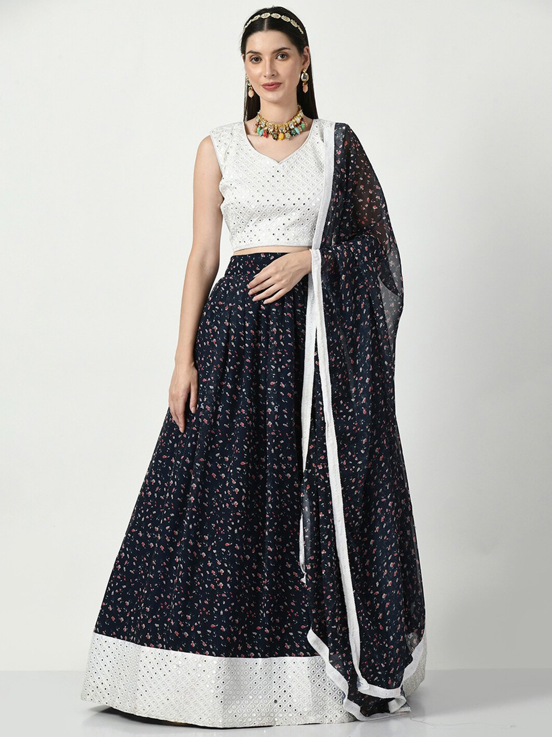

Angroop Embroidered Mirror Work Semi-Stitched Lehenga & Unstitched Blouse With Dupatta, White