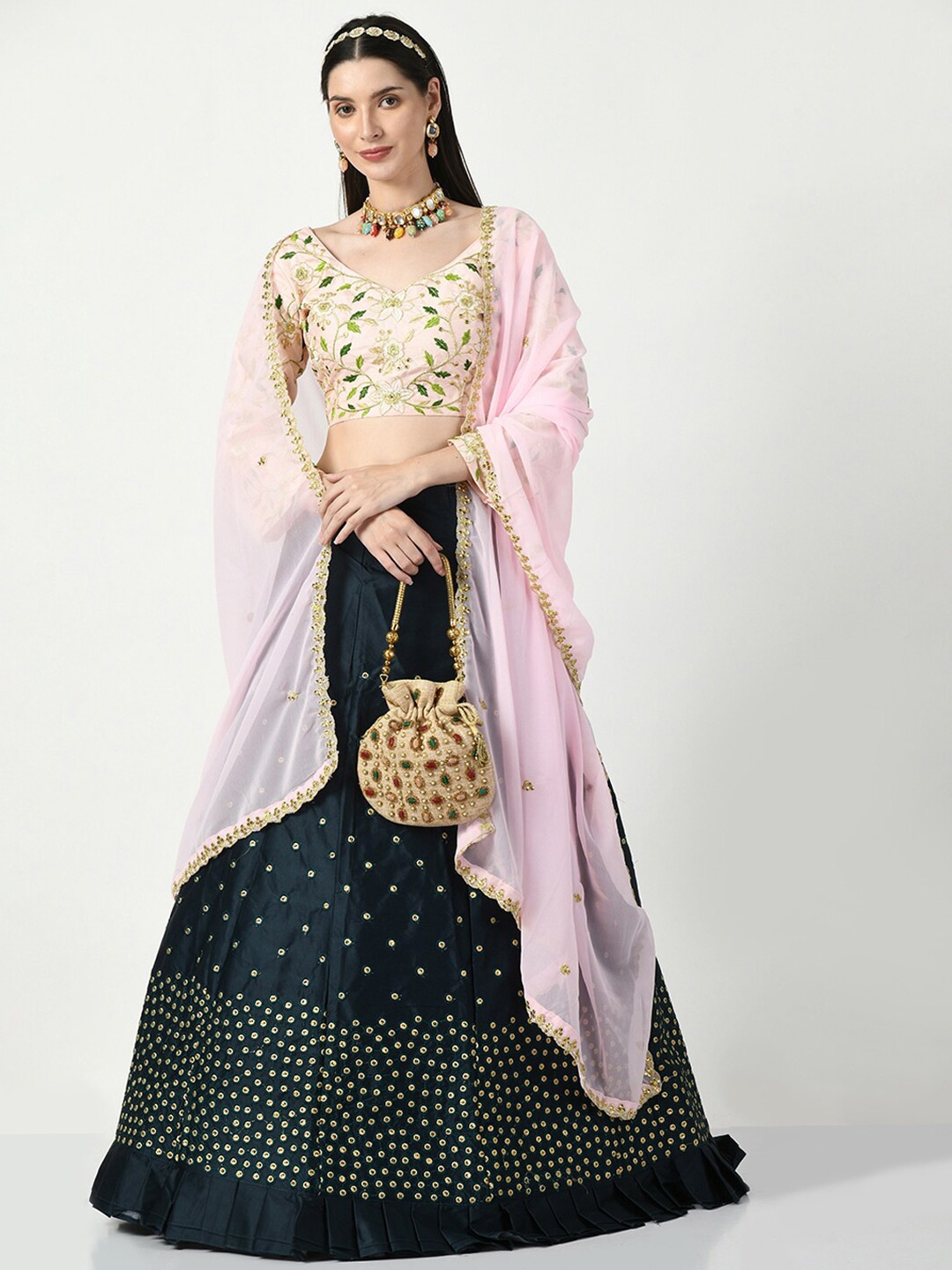 

Angroop Embroidered Sequinned Semi-Stitched Lehenga & Unstitched Blouse With Dupatta, Cream
