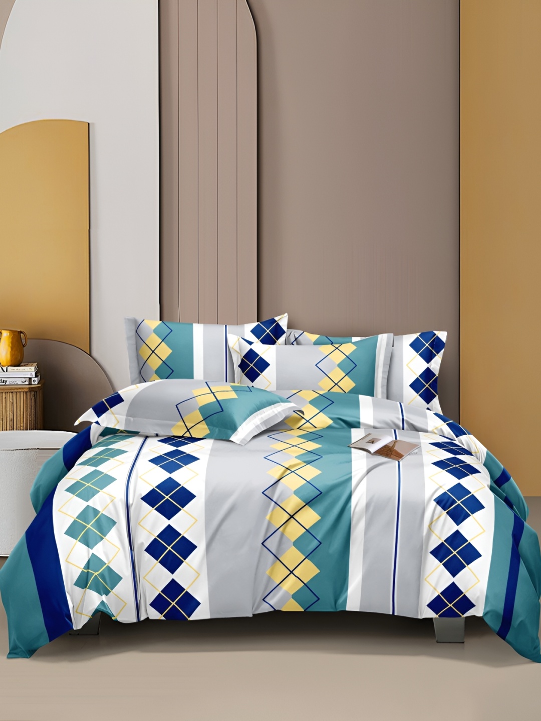 DECOREZA Blue Geometric Printed Cotton 300 TC King Bedsheet with 2 Pillow Covers