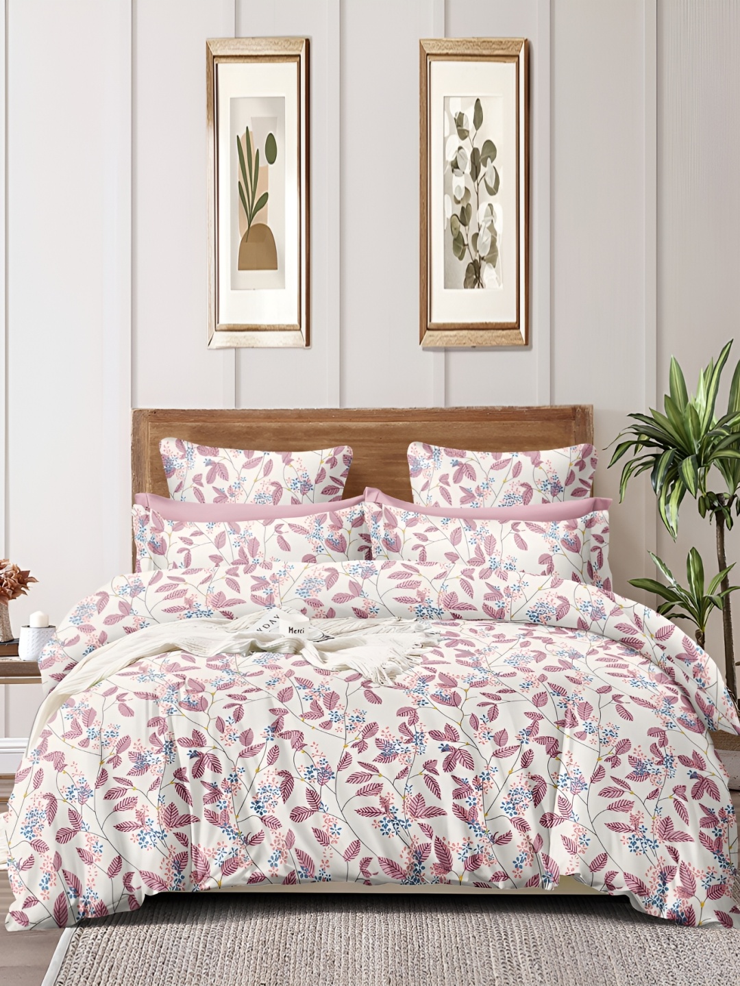 DECOREZA White Floral Printed Cotton 300 TC King Bedsheet with 2 Pillow Covers