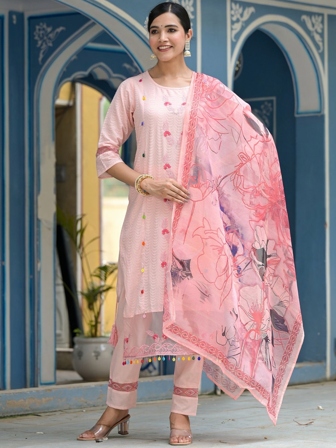 

LABEL FLAVIA Floral Embroidered Pure Cotton Kurta With Trouser & Dupatta, Pink