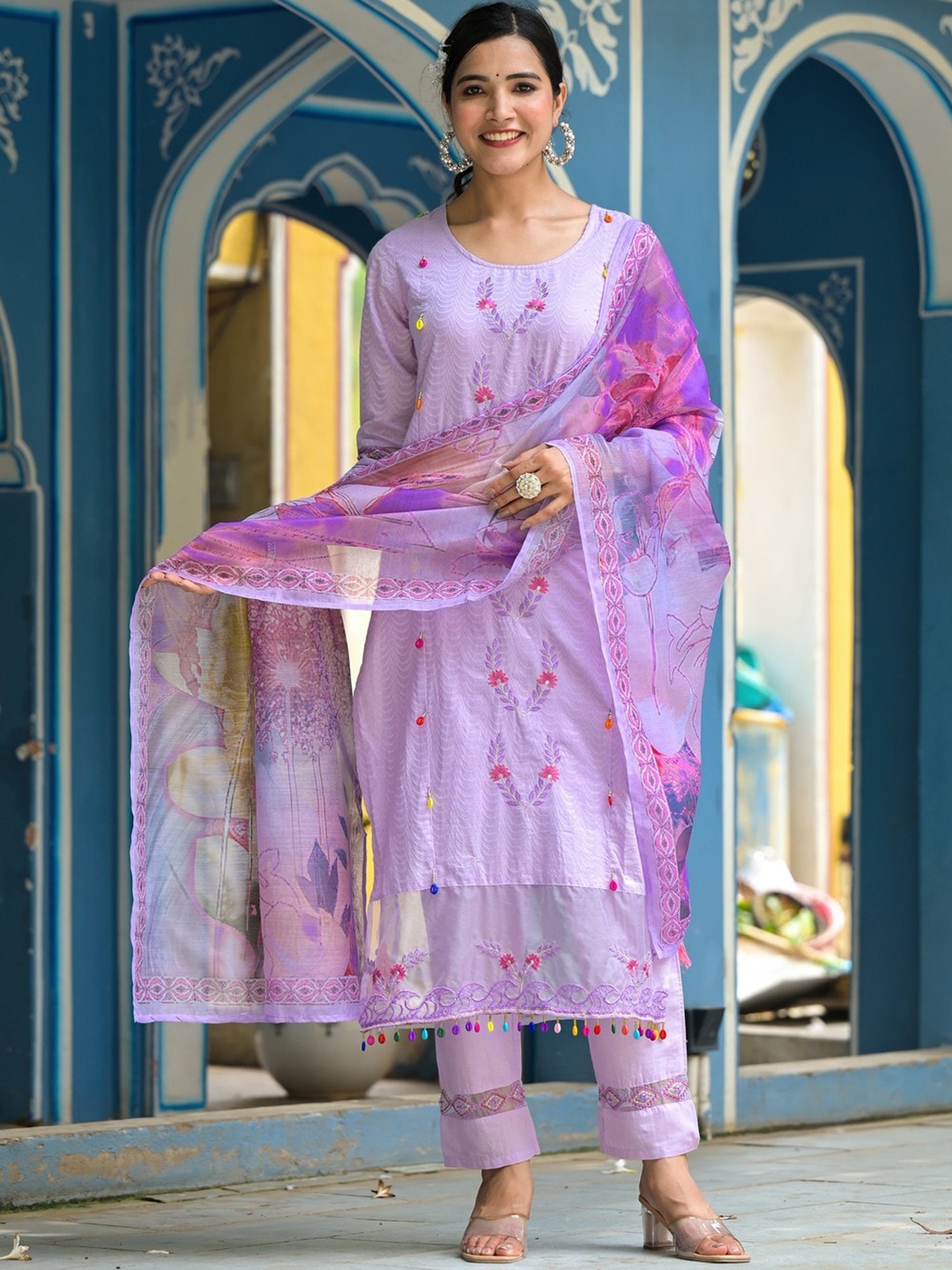 

LABEL FLAVIA Floral Embroidered Pure Cotton Kurta With Trouser & Dupatta, Purple
