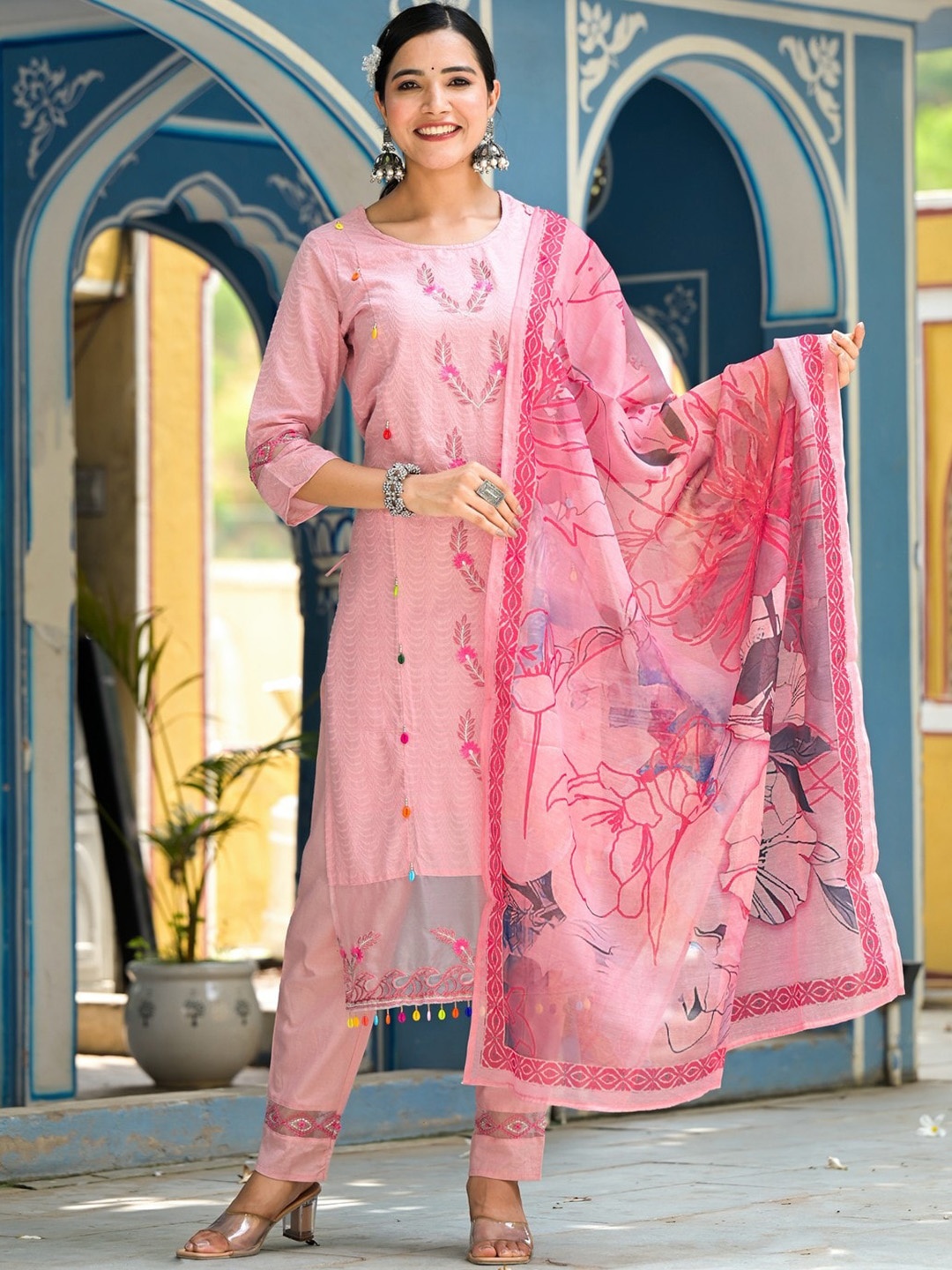 

LABEL FLAVIA Floral Embroidered Pure Cotton Kurta With Trouser & Dupatta, Pink