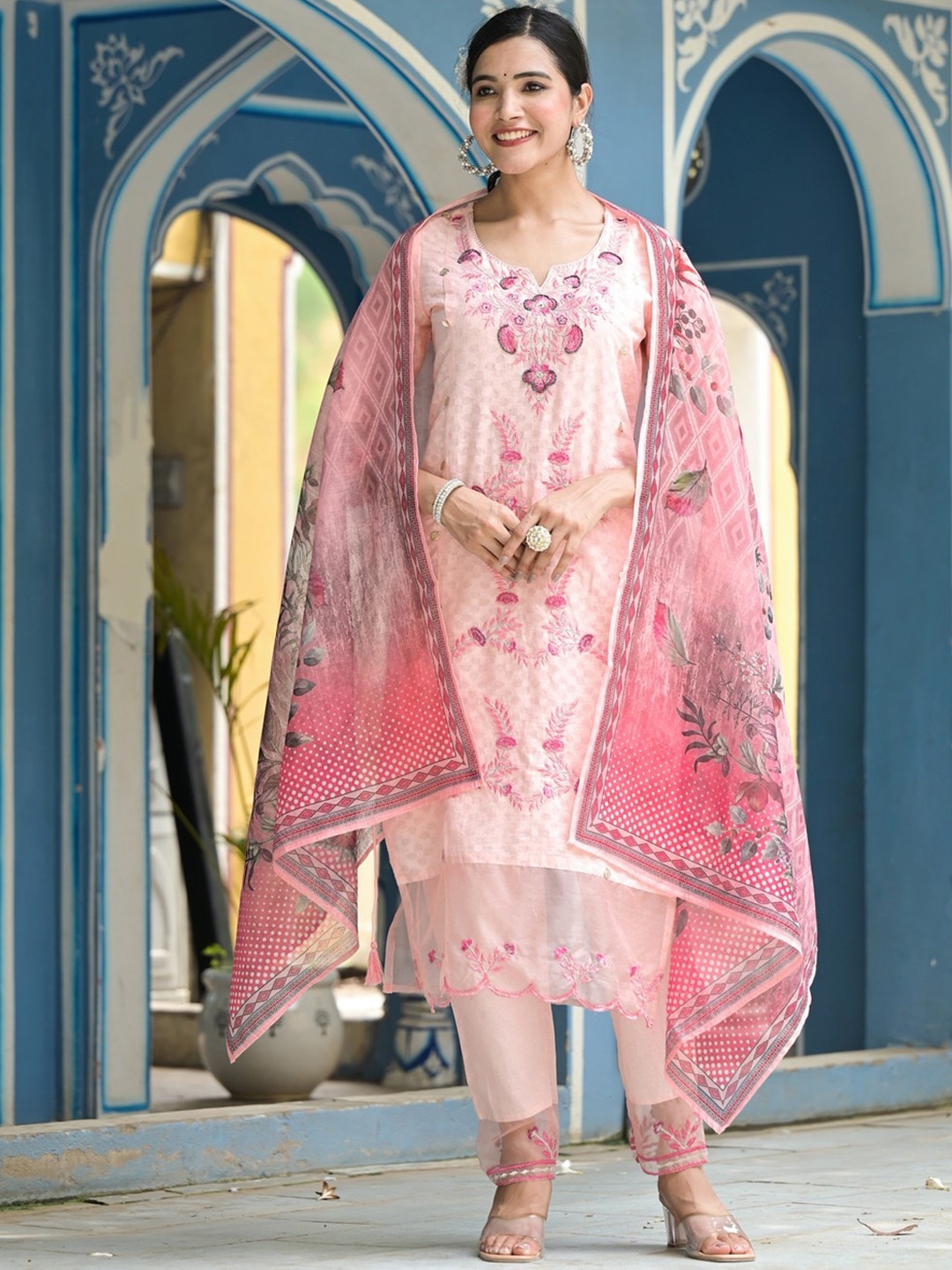 

LABEL FLAVIA Floral Embroidered Pure Cotton Kurta With Trouser & Dupatta, Pink