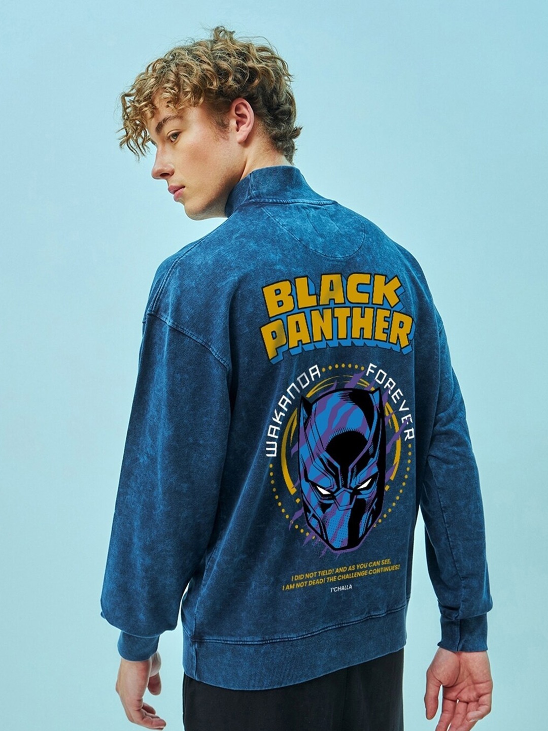 

Bewakoof Black Panther Graphic Printed Cotton Acid Wash Oversized Pullover Sweatshirt, Blue