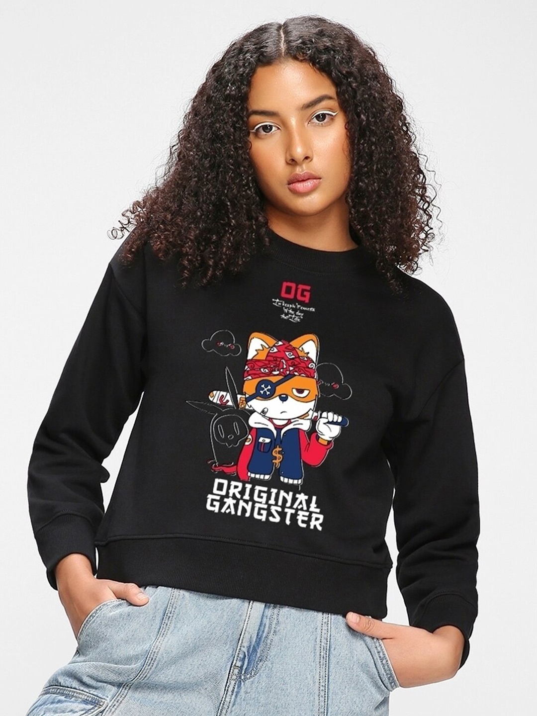 

Bewakoof Gangster Graphic Printed Cotton Oversized Pullover Sweatshirt, Black