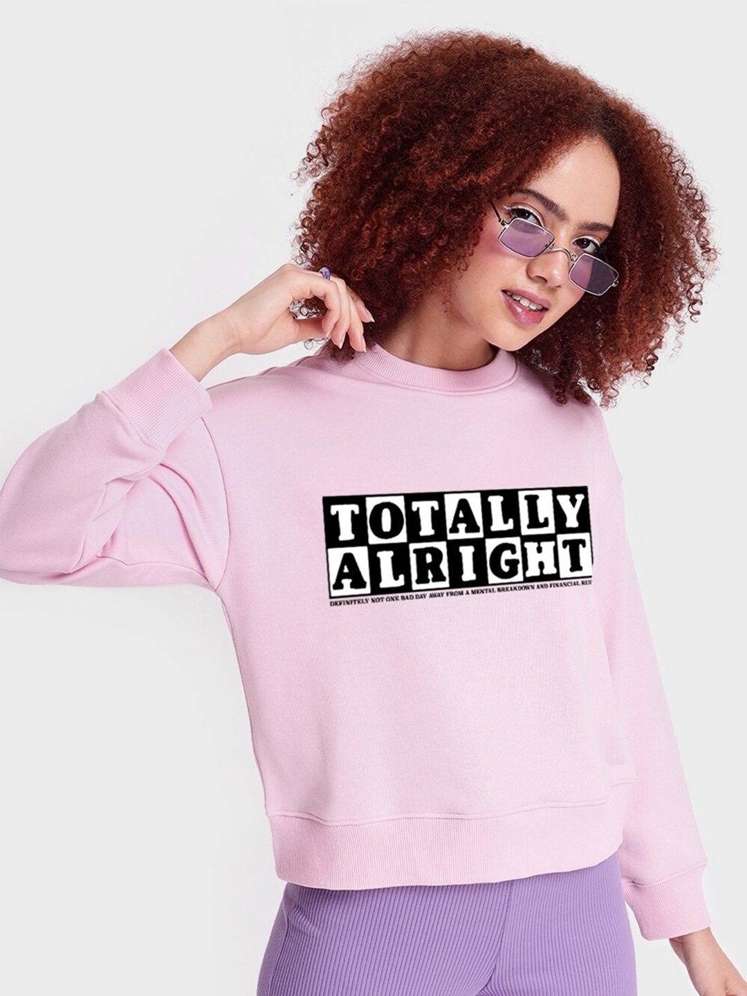 

Bewakoof Totally Alright Typography Printed Cotton Oversized Pullover Sweatshirt, Pink