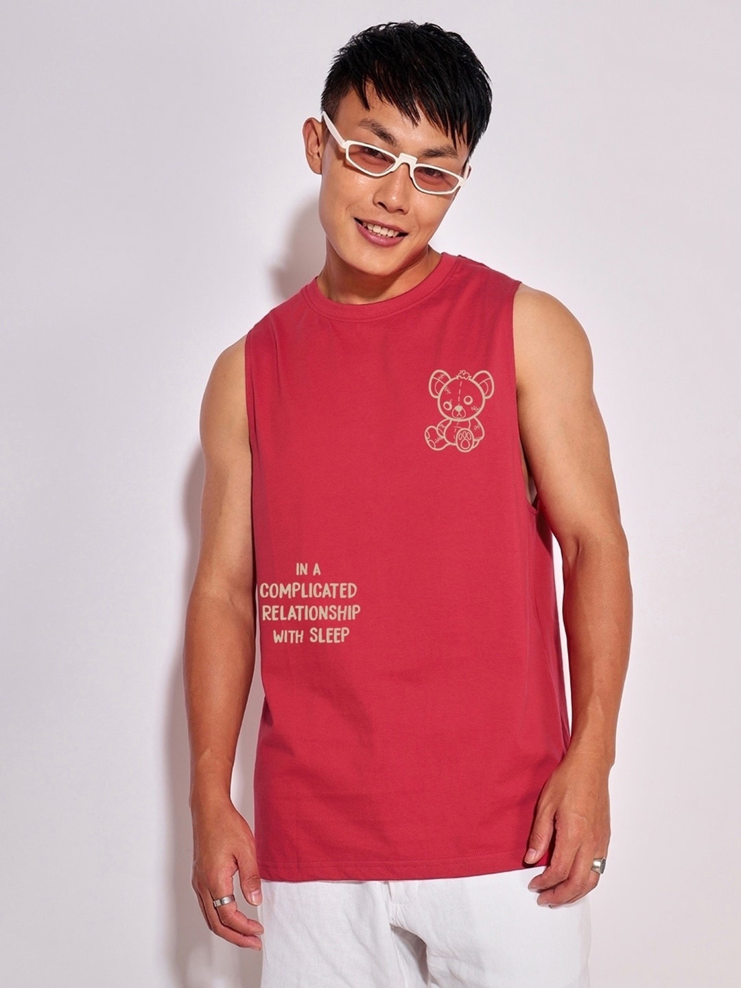 

Bewakoof Graphic Printed Cotton Oversized Basic Vest, Red
