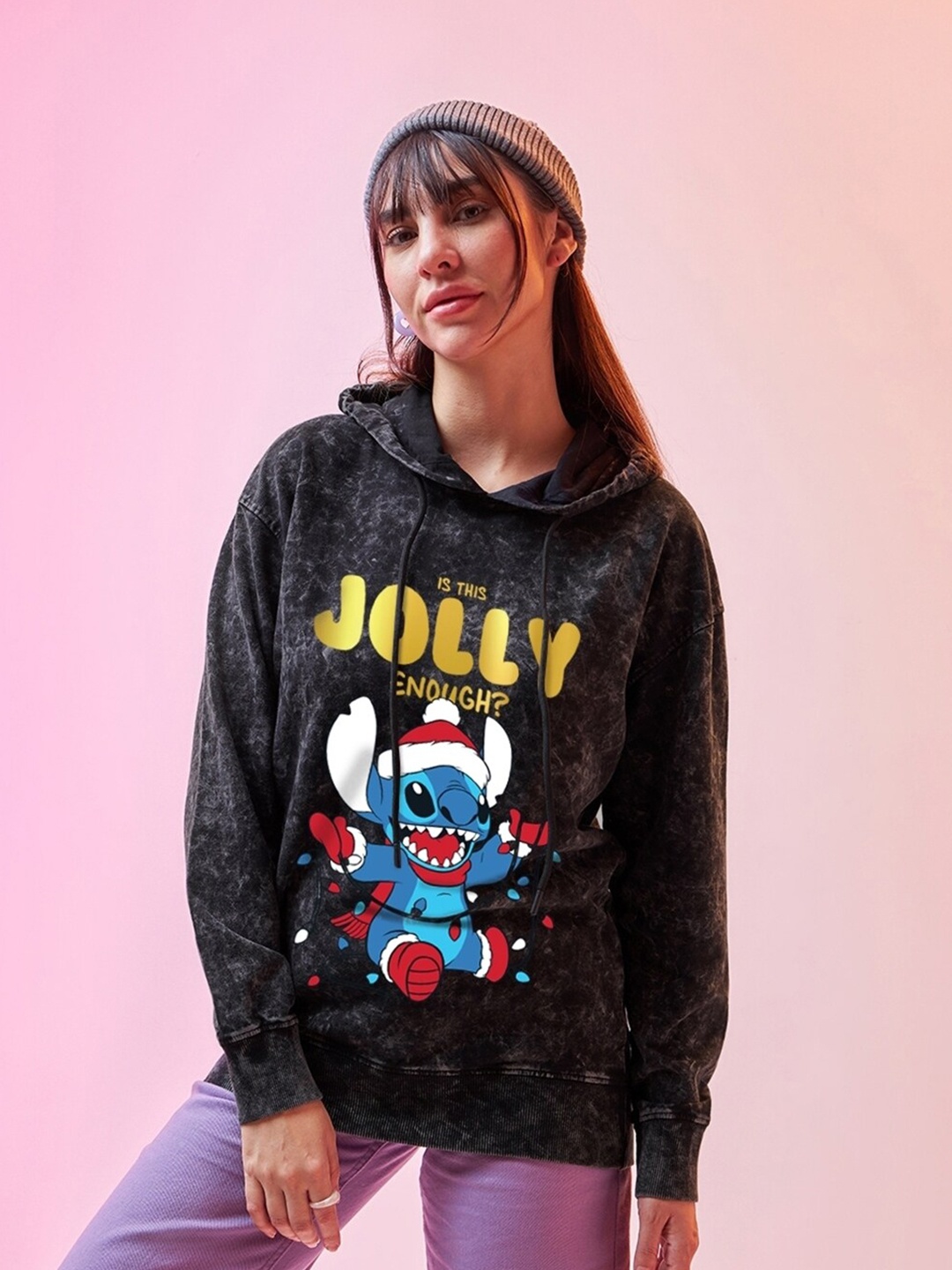 

Bewakoof Heavy Duty 1.0 Women Jolly Enough Graphic Printed Oversized Hoodies, Black