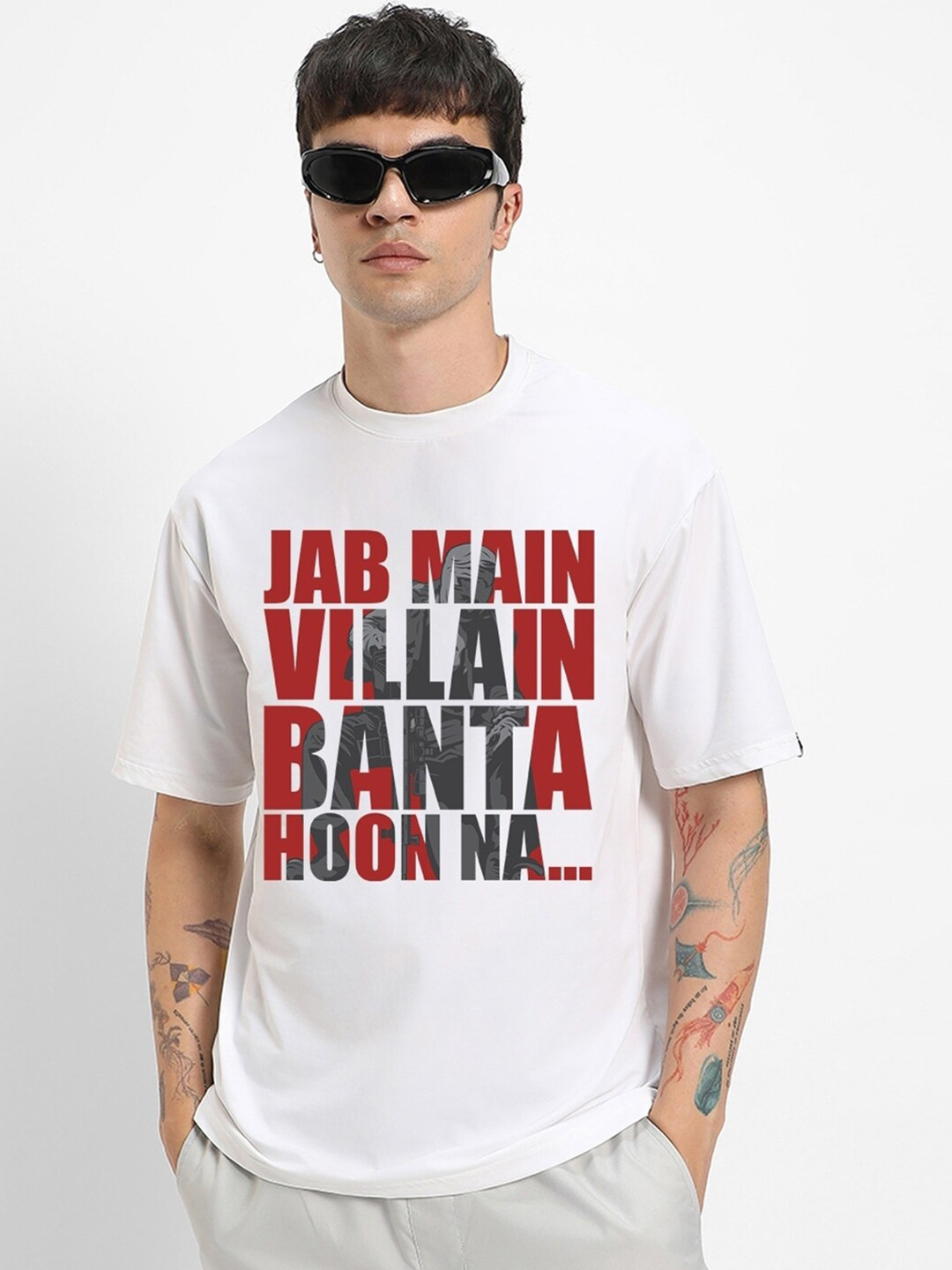 

Bewakoof Villain Graphic Typography Drop-Shoulder Sleeves Oversized Cotton T-shirt, White