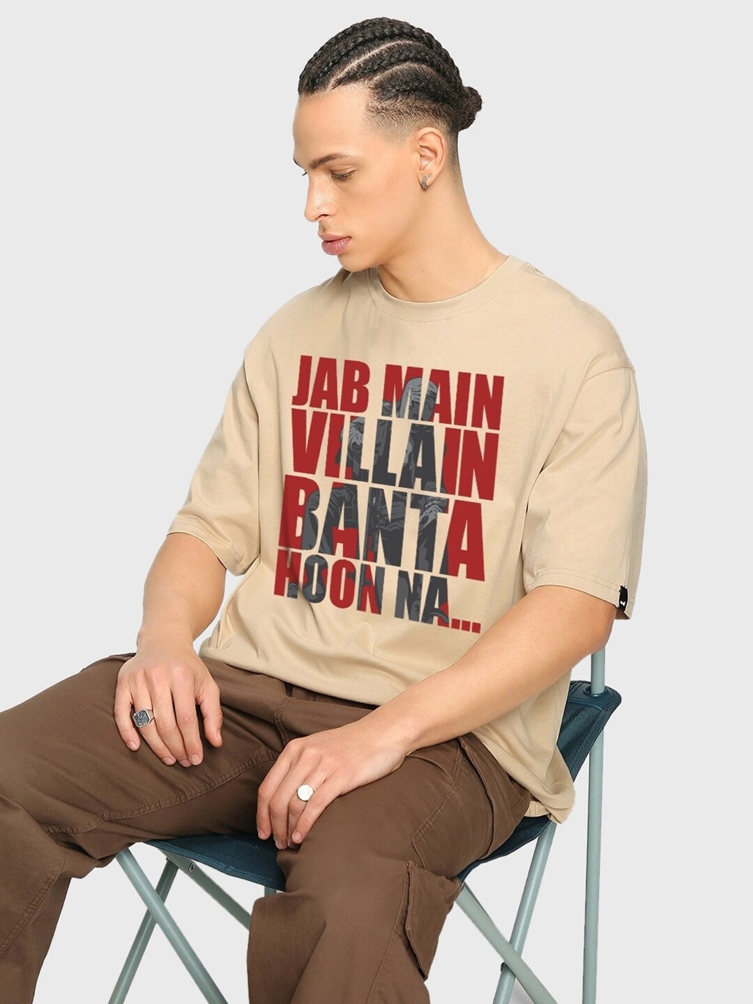 

Bewakoof Villain Typography Printed Drop-Shoulder Sleeves Oversized Cotton T-shirt, Brown
