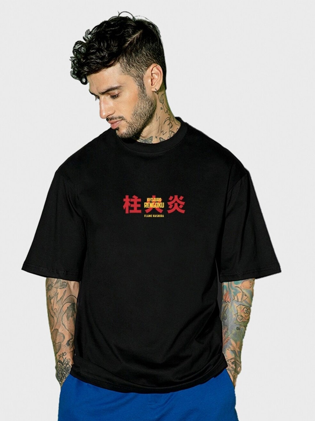 

Bewakoof Flame Hashira Graphic Printed Drop-Shoulder Sleeves Oversized Cotton T-shirt, Black