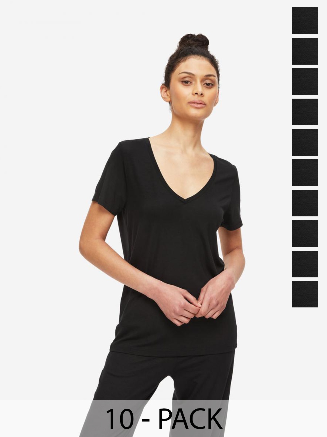 COLOR CAPITAL Women 10 V-Neck Pockets T-shirt, Black