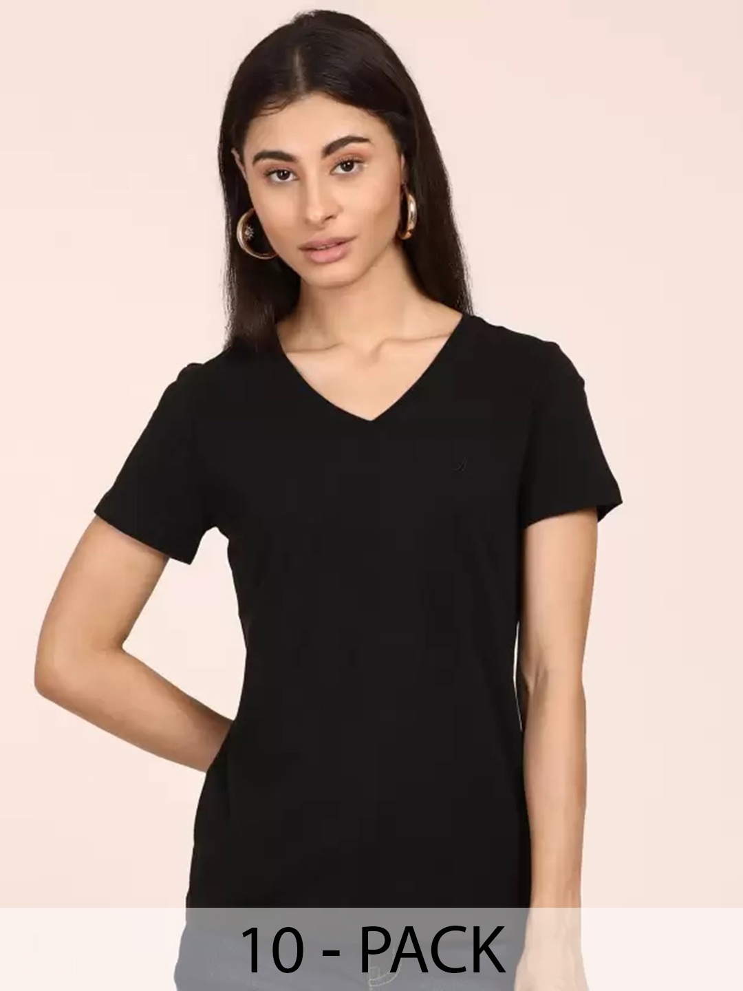 COLOR CAPITAL Women 10 V-Neck Extended Sleeves Pockets T-shirt, Black