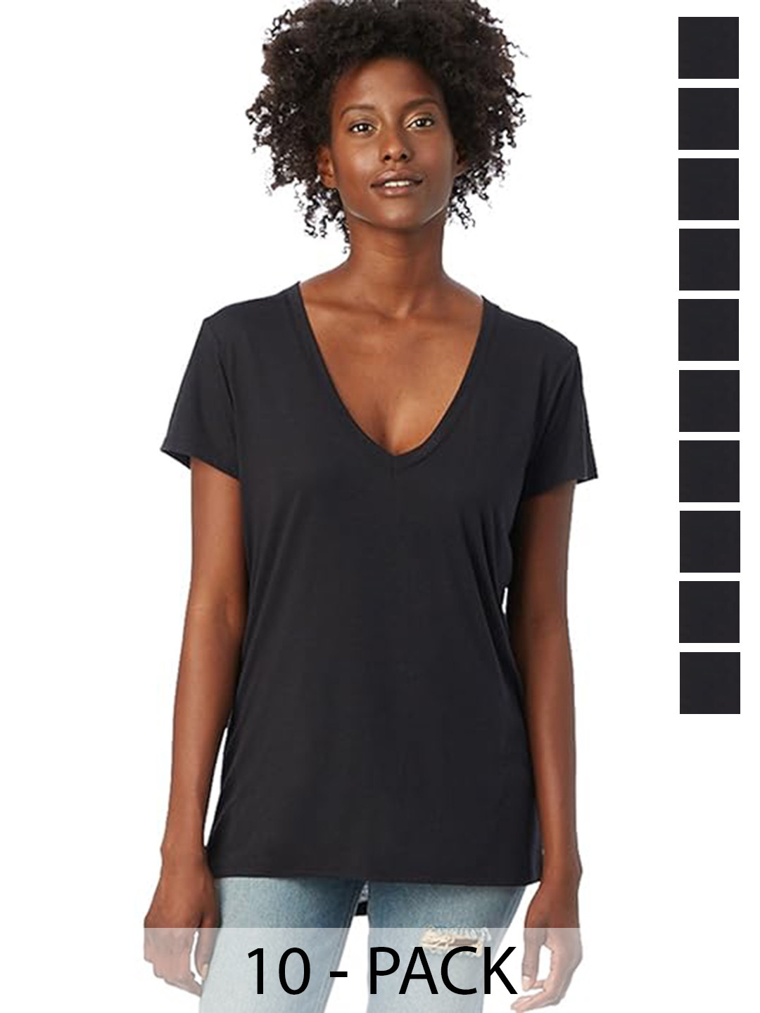 

COLOR CAPITAL Women 10 V-Neck Extended Sleeves Pockets T-shirt, Black