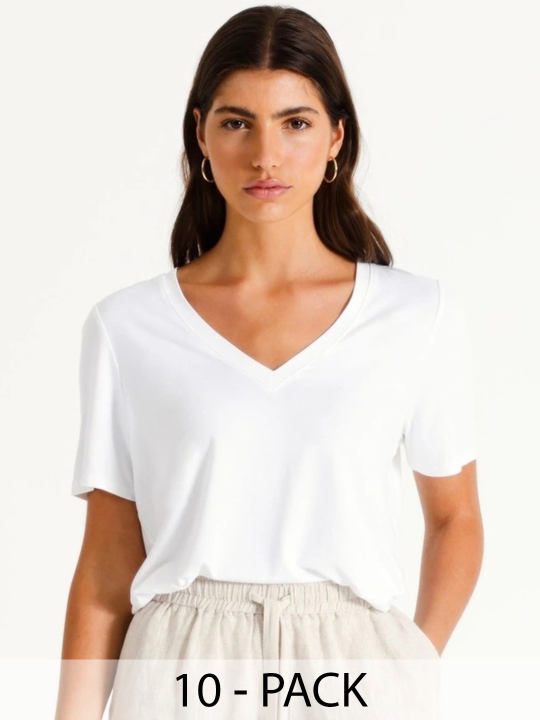 COLOR CAPITAL Women 10 V-Neck Cut Outs T-shirt, White