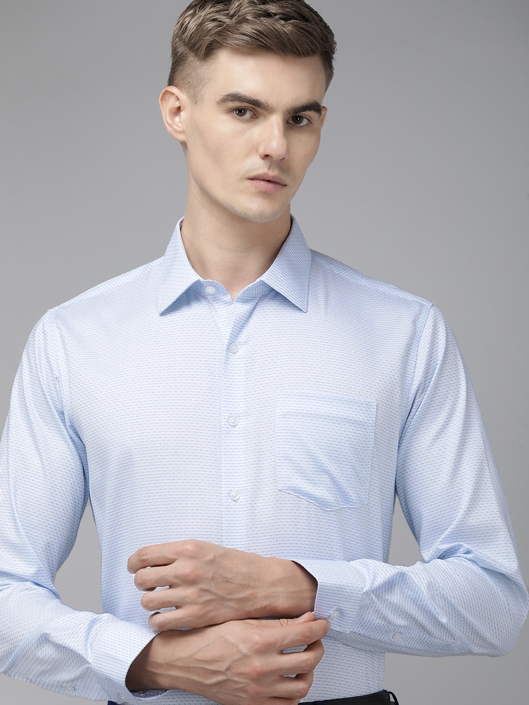 

Van Heusen Pure Cotton Slim Fit Self Design Textured Formal Shirt, Blue