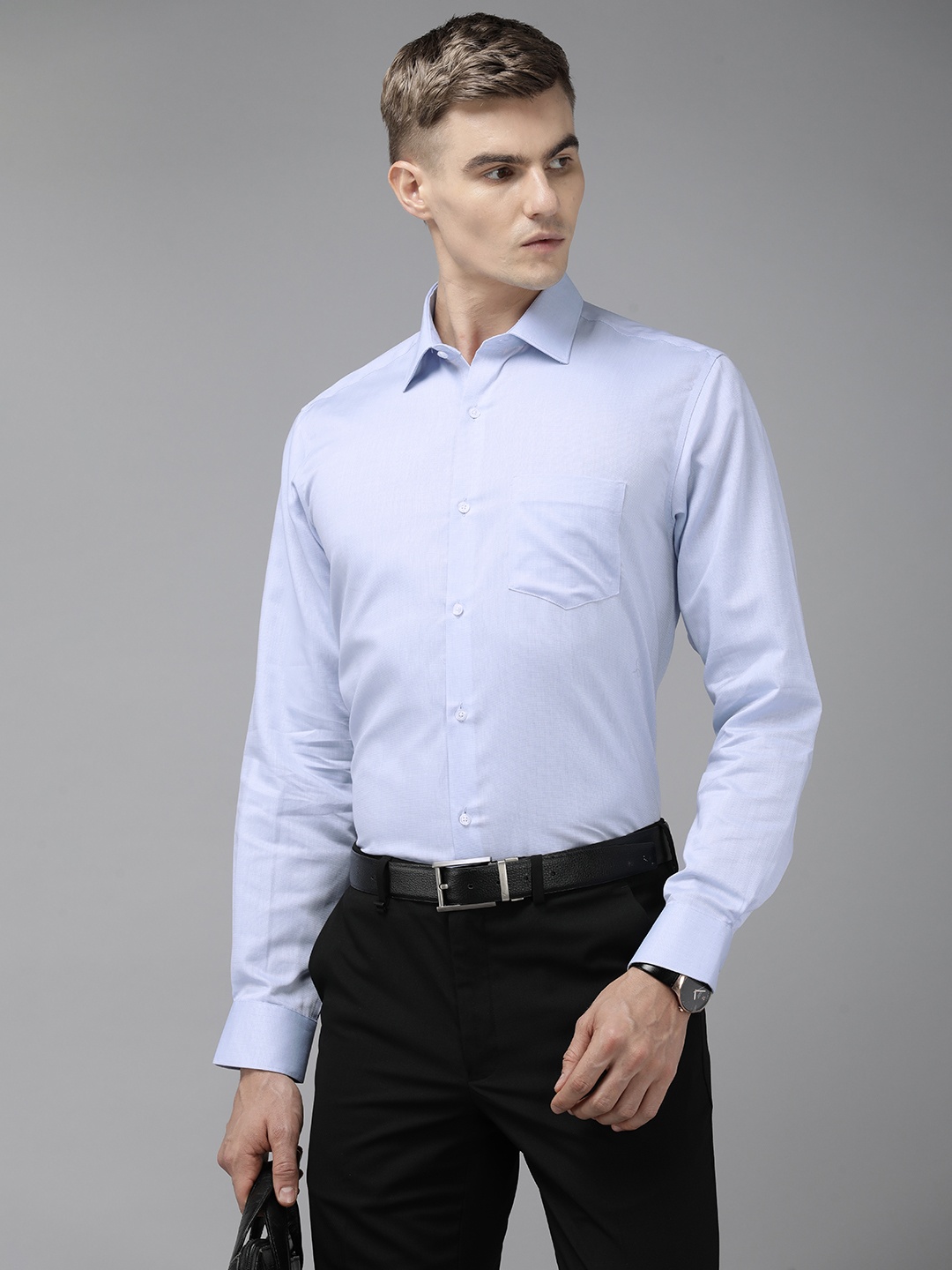 

Van Heusen Pure Cotton Self Design Custom Fit Textured Formal Shirt, Blue