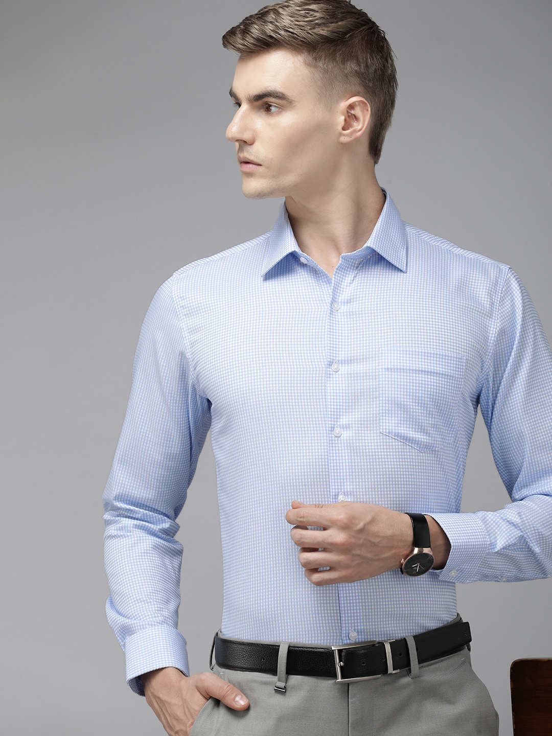 

Van Heusen Pure Cotton Slim Fit Checked Formal Shirt, Blue