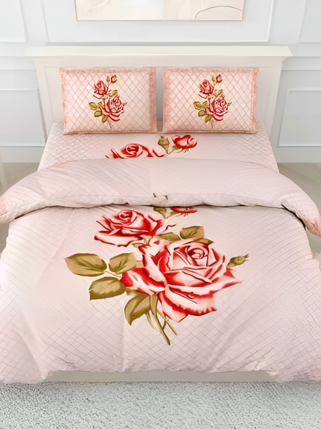 

Bedbathandbliss Pink & Red Floral Printed Cotton 300 TC King Bedsheet with 2 Pillow Covers