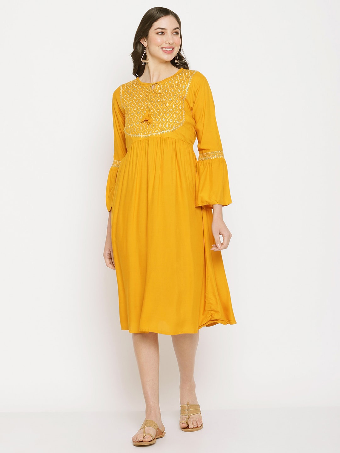 

Miaz Lifestyle Embroidered Bell Sleeves Fit & Flare Midi Dress, Yellow