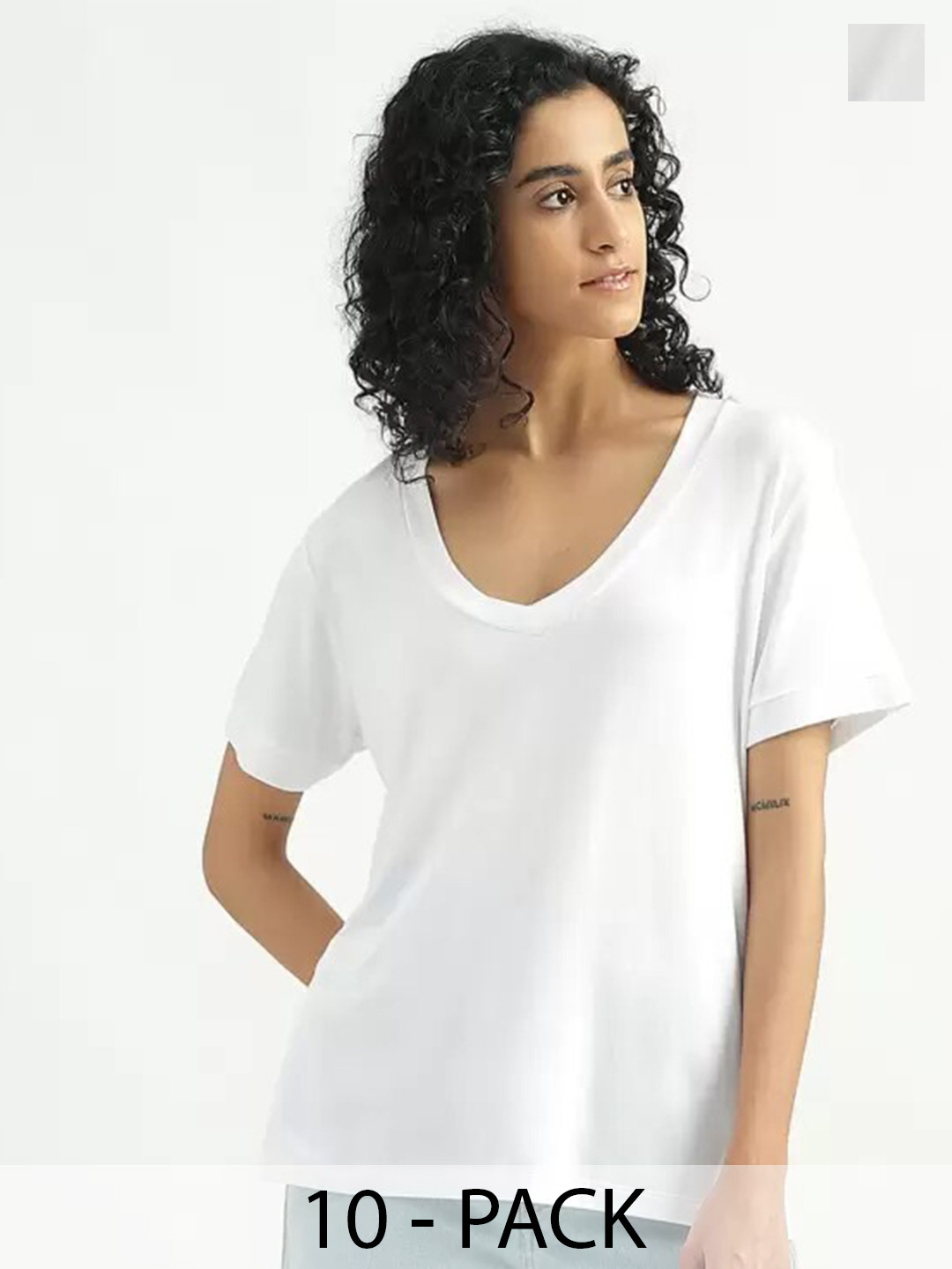 

COLOR CAPITAL Women 10 V-Neck Extended Sleeves Raw Edge T-shirt, White