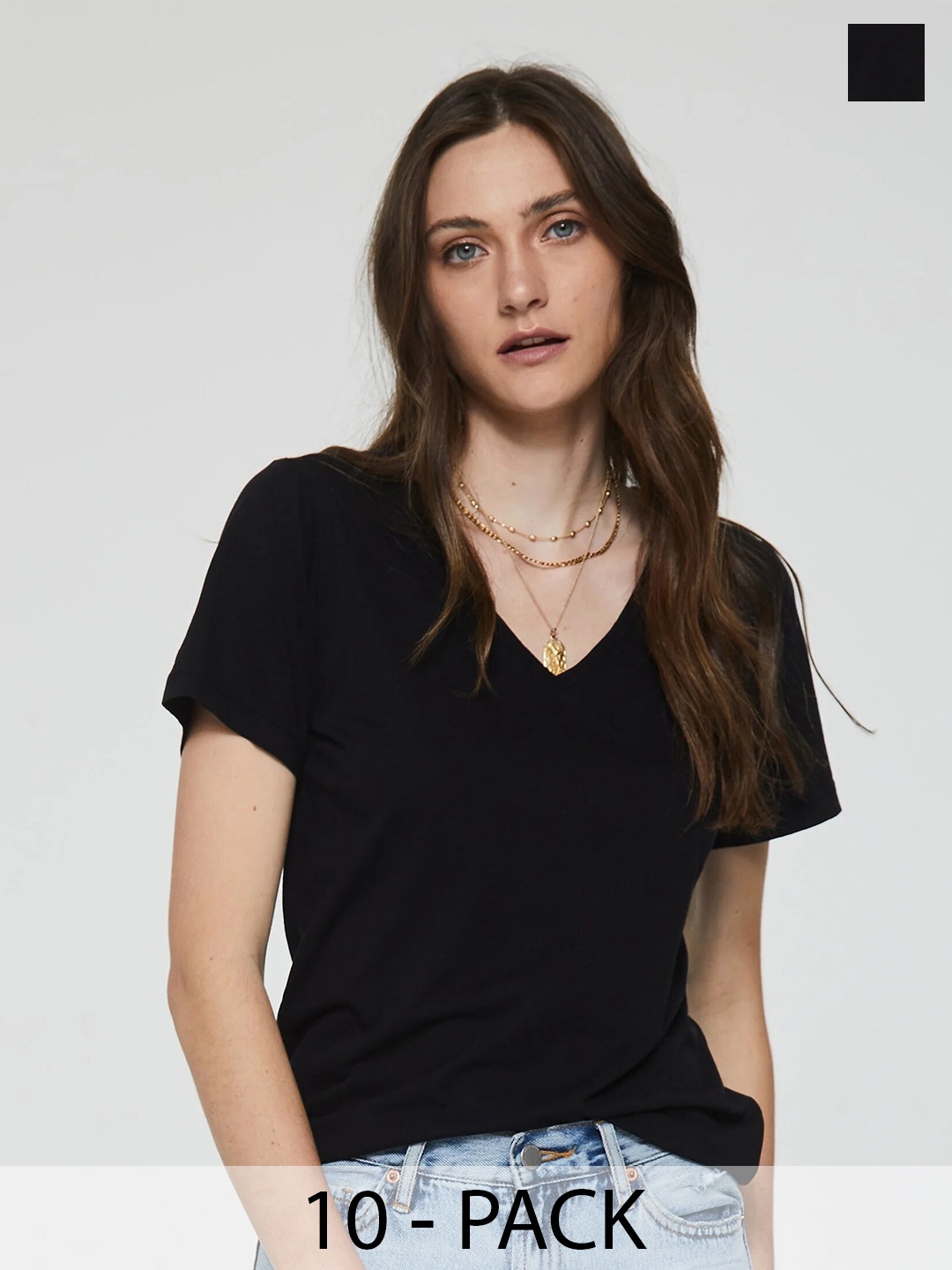 

COLOR CAPITAL Women 10 V-Neck Extended Sleeves Pockets T-shirt, Black