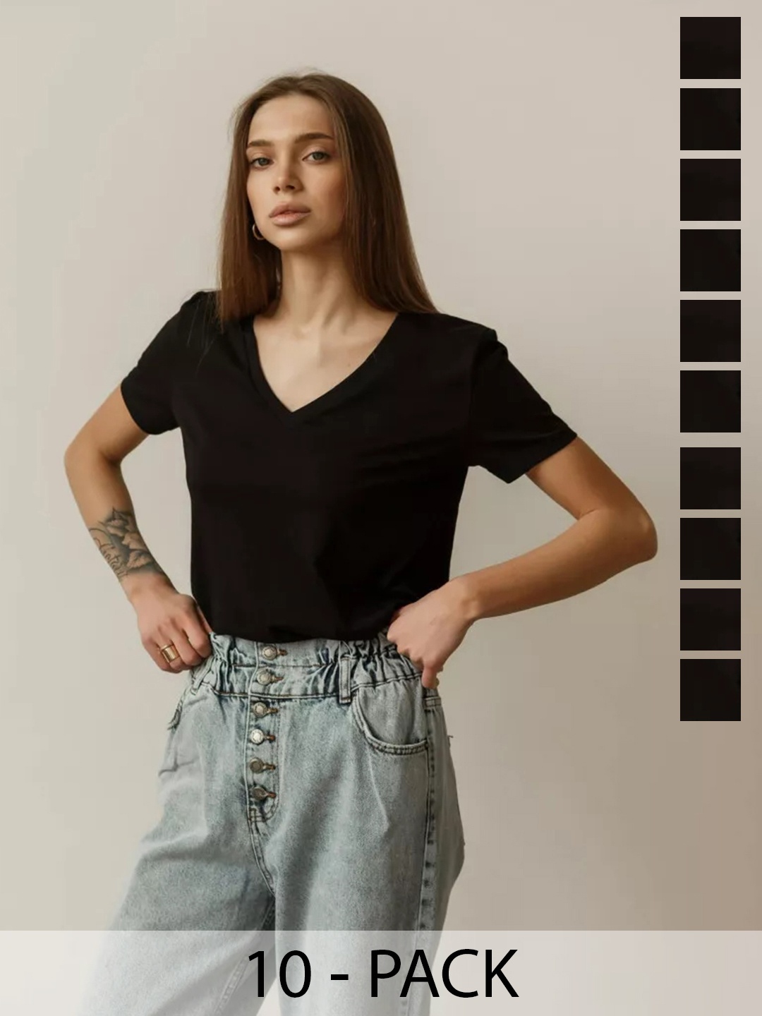 

COLOR CAPITAL Women 10 V-Neck Drop-Shoulder Sleeves Pockets T-shirt, Black