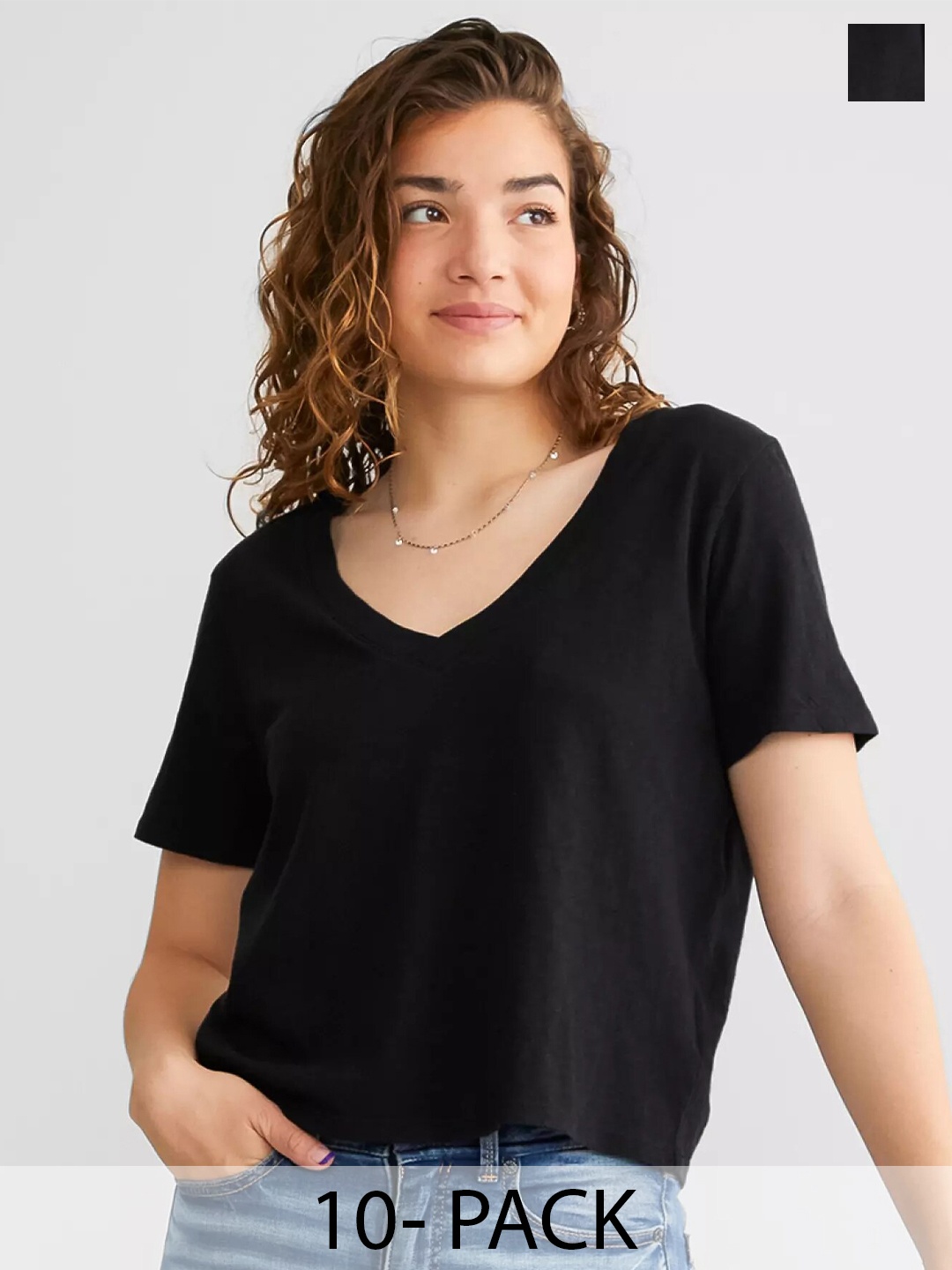 COLOR CAPITAL Pack Of 10 V-Neck Crop T-Shirt, Black