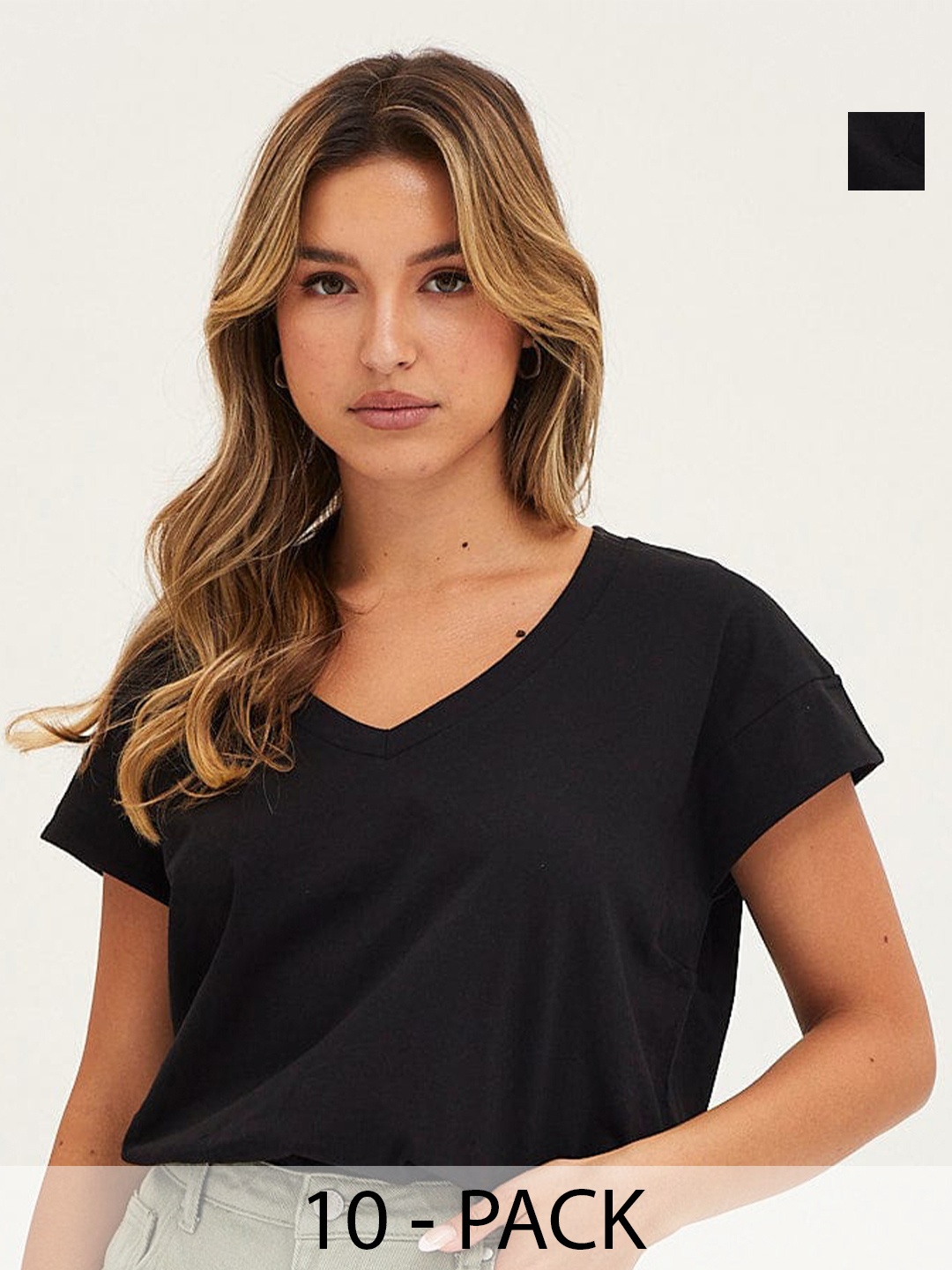 

COLOR CAPITAL Pack Of 10 V-Neck Drop-Shoulder Sleeves Relaxed Fit T-shirts, Black