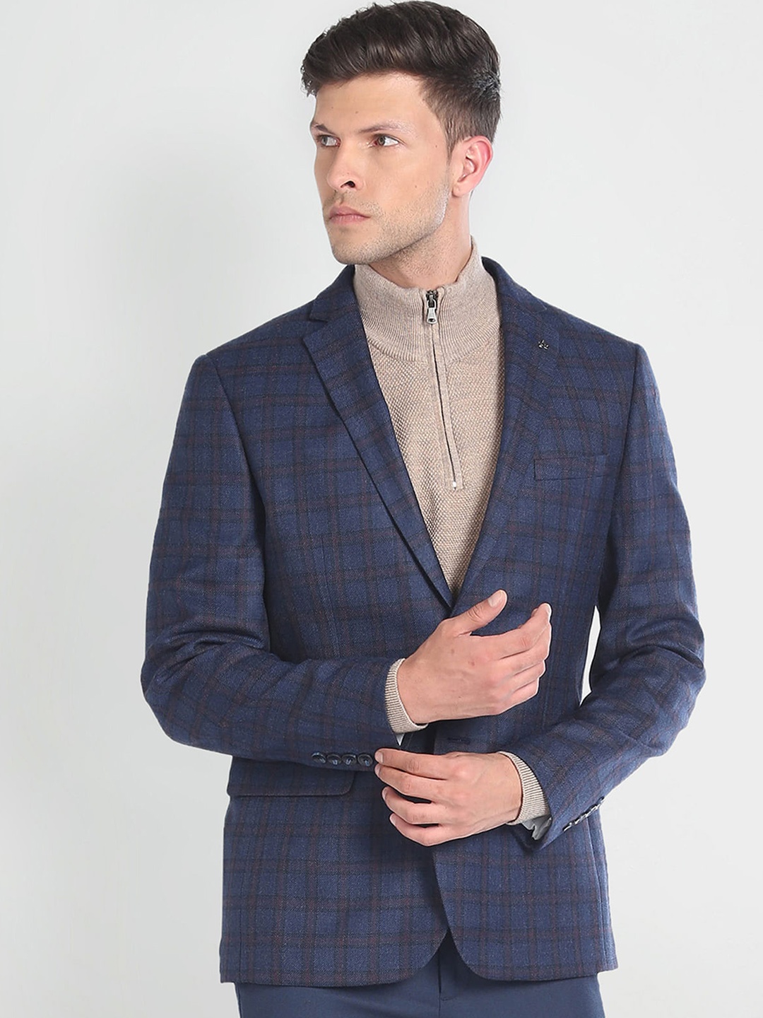 

Arrow Tartan-Checked Single-Breasted Blazer, Navy blue