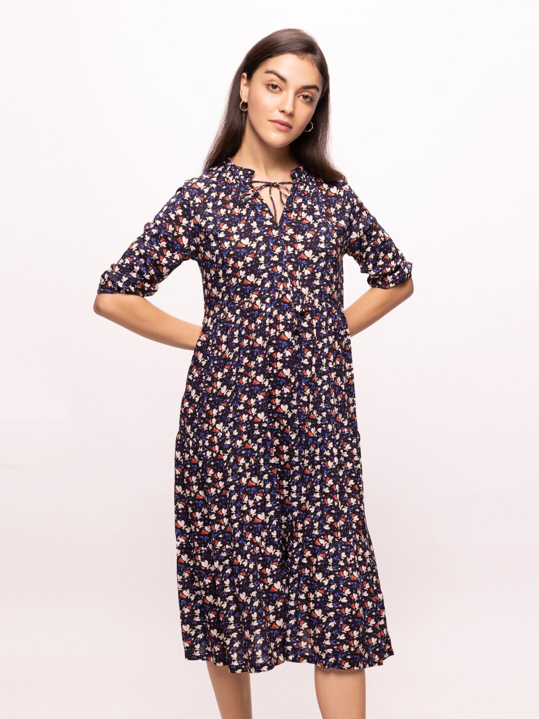 

Bombay High Women Floral Print Ruffled Neck Midi Dress, Black