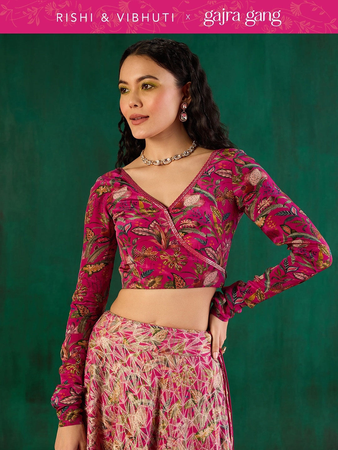 

Gajra Gang Floral Printed Long Sleeves Lace Saree Blouse, Pink