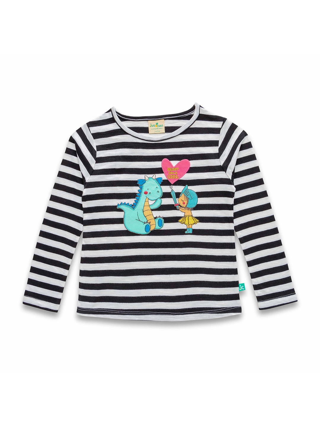 

JusCubs Girls Striped Round Neck Long Sleeves Applique Cotton T-shirt, Black