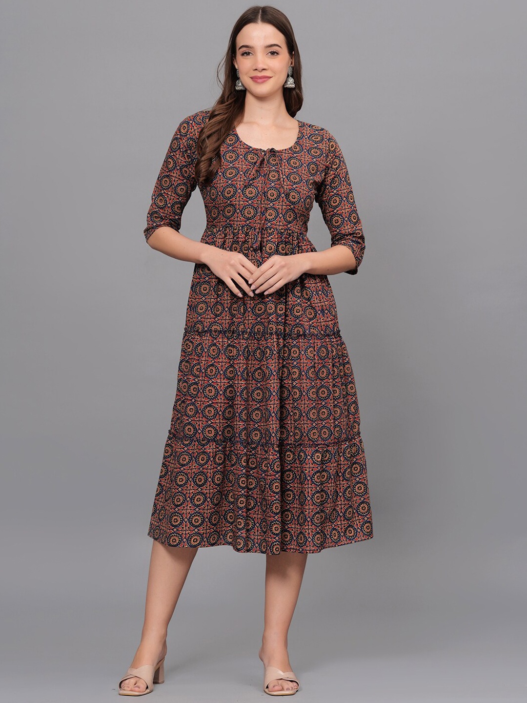 

JAHIDA COMFORT WITH STYLE Ethnic Motifs Printed Tiered Pure Cotton Fit & Flare Dress, Maroon