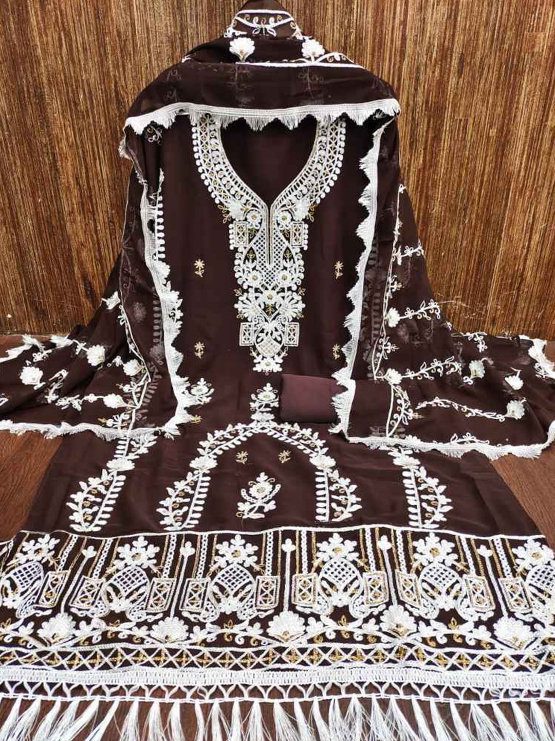 

faxofab Embroidered Unstitched Dress Material, Brown