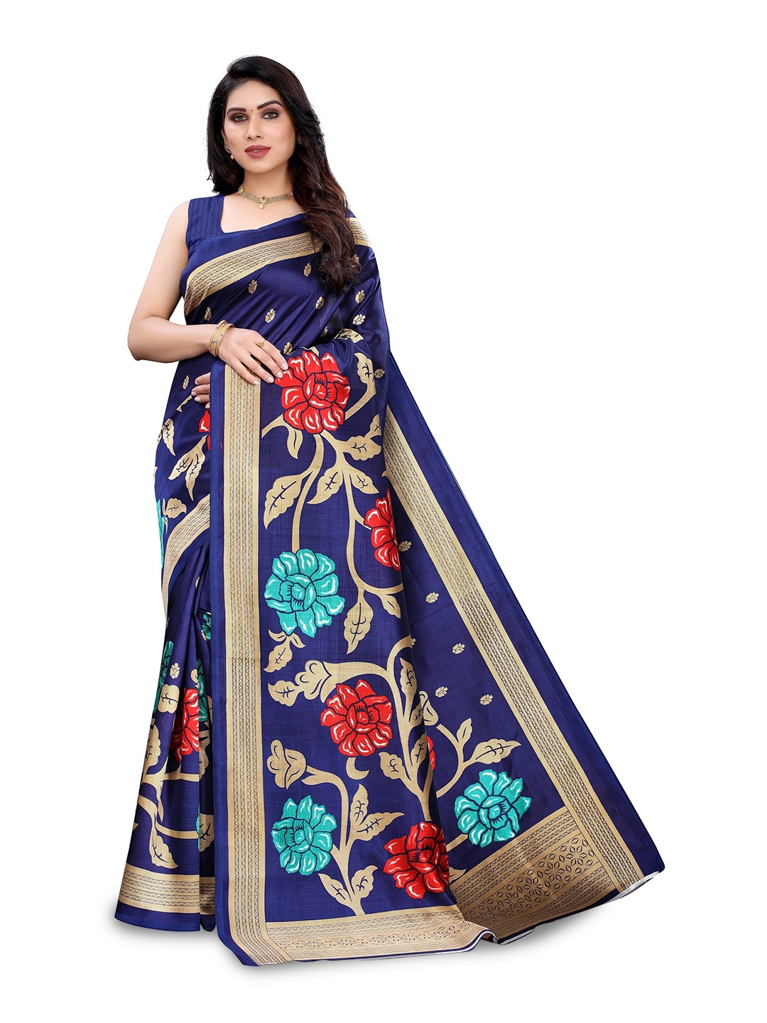 

KALINI Floral Printed Silk Cotton Kanjeevaram Saree, Navy blue