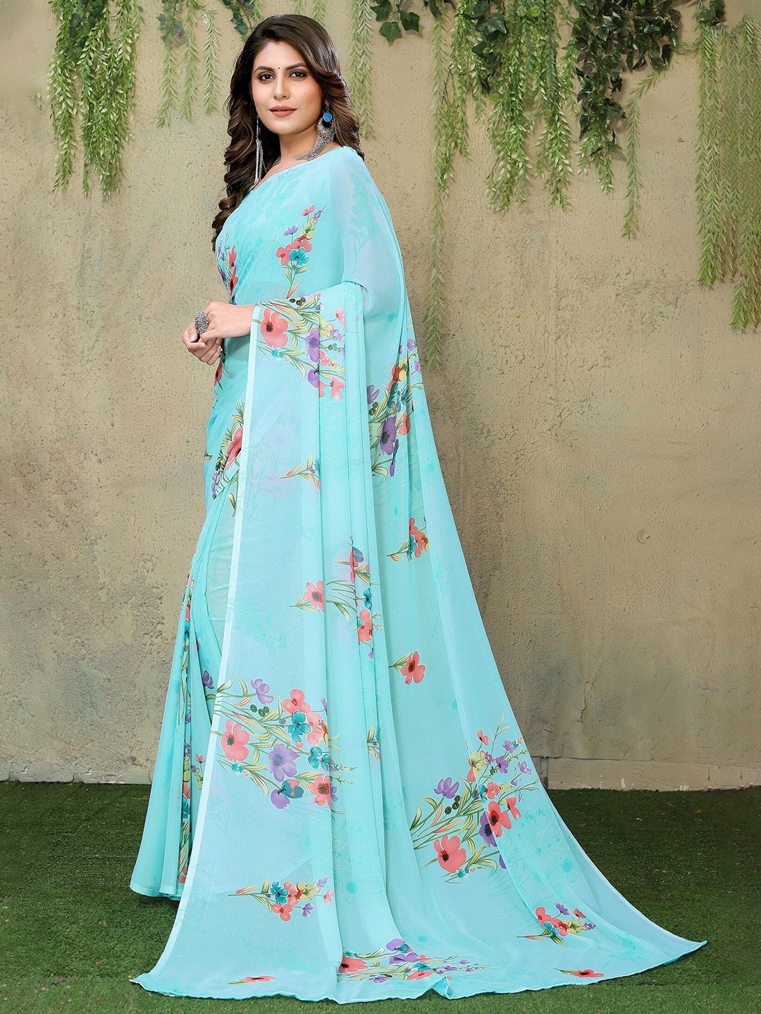 

KALINI Floral Printed Silk Cotton Kanjeevaram Saree, Blue