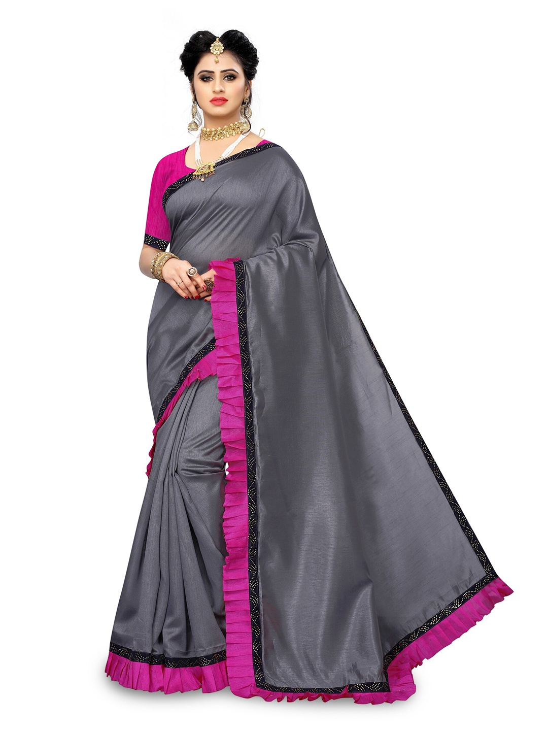 

KALINI Beads and Stones Embellished Ruffled Silk Cotton Saree, Grey