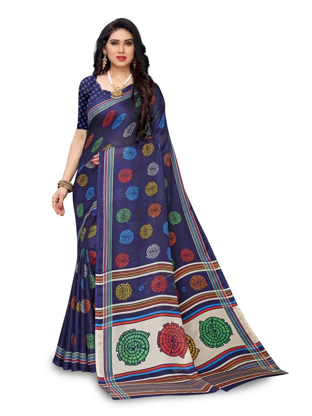 

KALINI Ethnic Motifs Printed Silk Cotton Kanjeevaram Saree, Navy blue